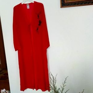 RED SHEER SLIP WITH LACE & BLACK EMBROIDERY, FULL LENGTH, SIZE SMALL, BY MASSINI